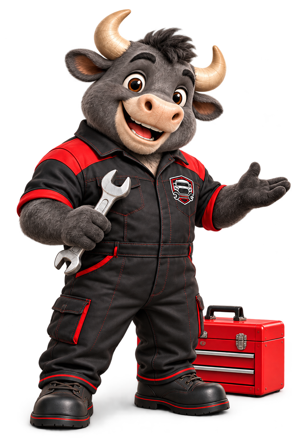 Torito mecánico de El Bravo del Jac, con uniforme negro y rojo, señalando los servicios